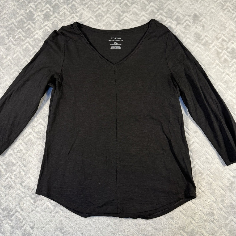 Chico's Ultimate Tee T-Shirt Size Small (0) Black 3/4 Sleeve V-Neck Top NWOT